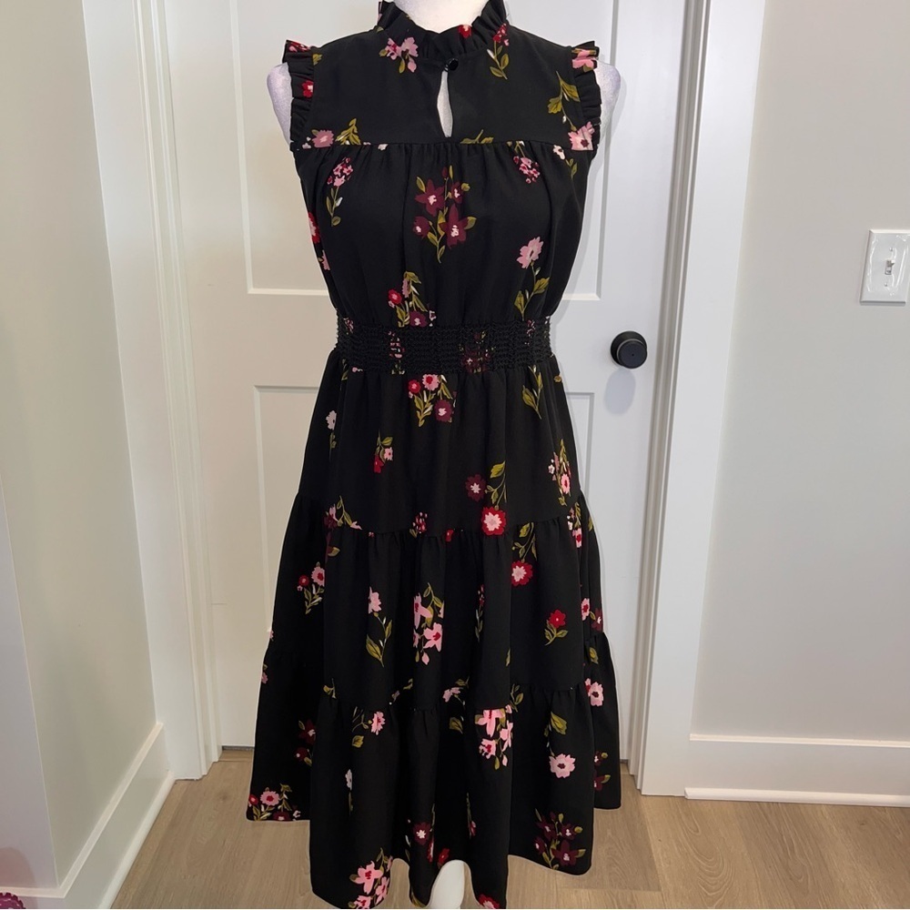 Kate Spade New York "In Bloom" Black Floral Tiered Midi Dress - XS